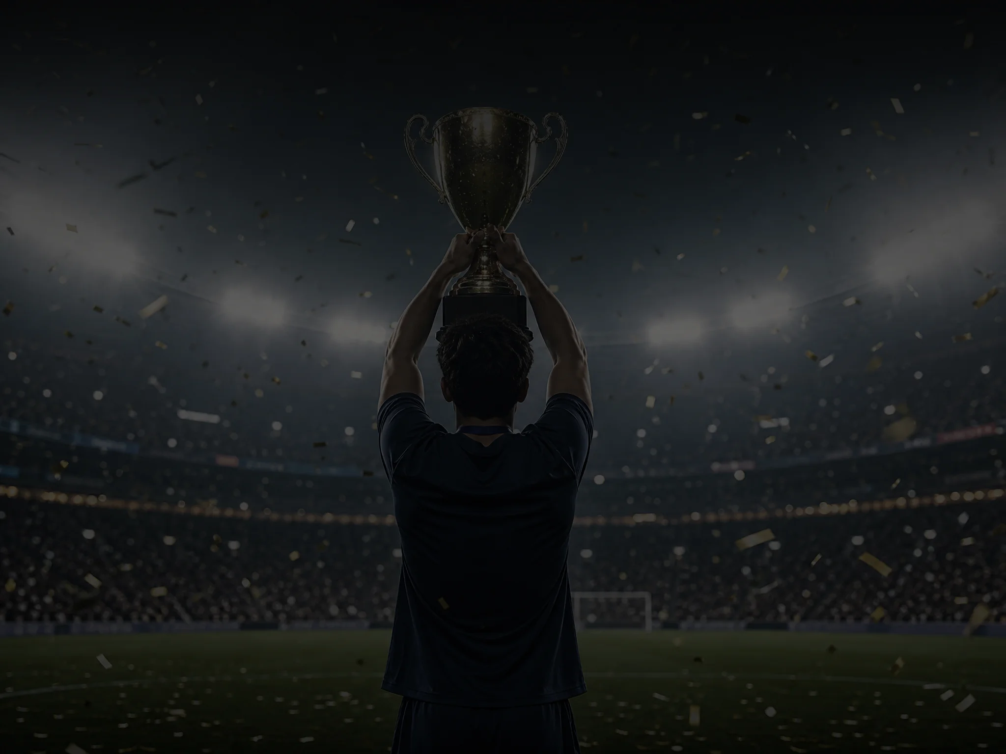 Jugador levantando un trofeo en un estadio